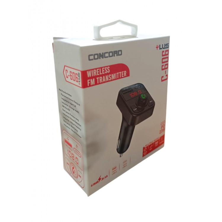 Concord C606 +Plus Bluetooth Araç Kiti FM Transmitter QC 3.1A Type-C Usb Şarj 12-24V