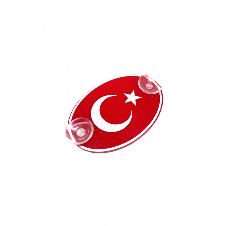 Türkiye Bayraklı Kırmızı Oval Vantuzlu Pleksi Cam Süsü Beyaz 13x8cm